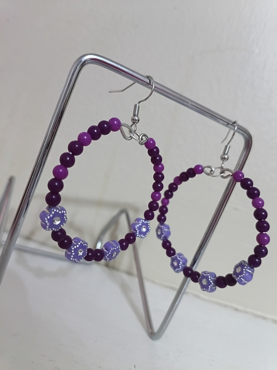 Jewelry - Handmade Purple Beaded Hoop Earrings